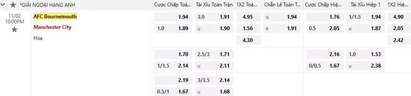 Bournemouth vs Man City